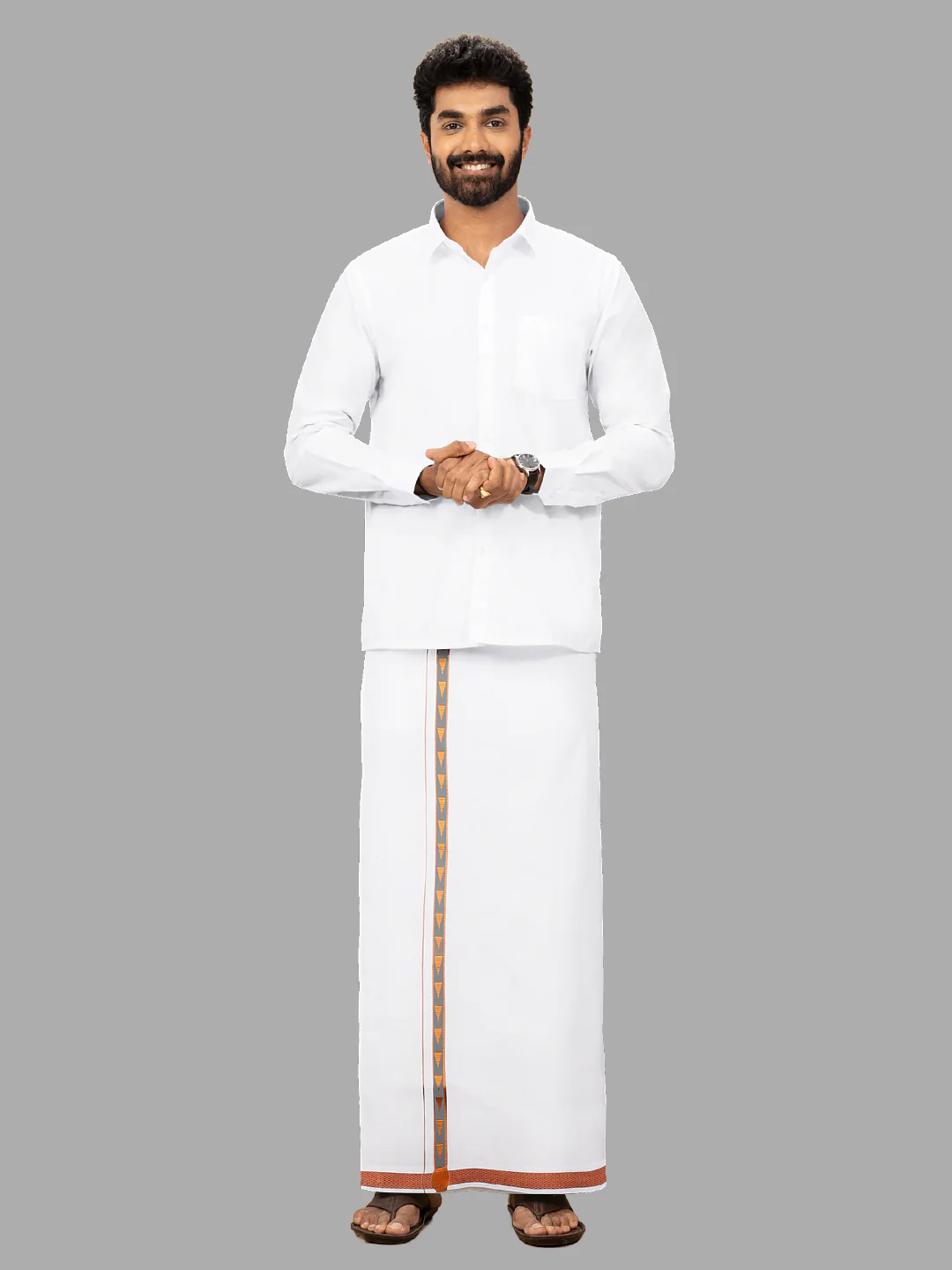 Men Cotton Blend Single Layer White Dhoti with Fancy Jari Border Roxy R07 - Image 4