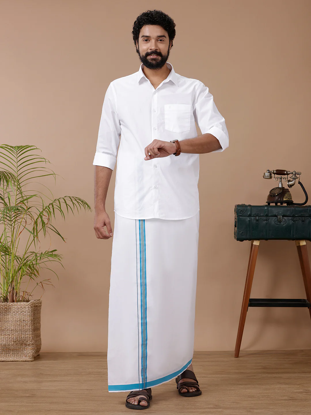 Men Cotton Blend Single Layer White Dhoti with Fancy Jari Border WGF06 - Image 4