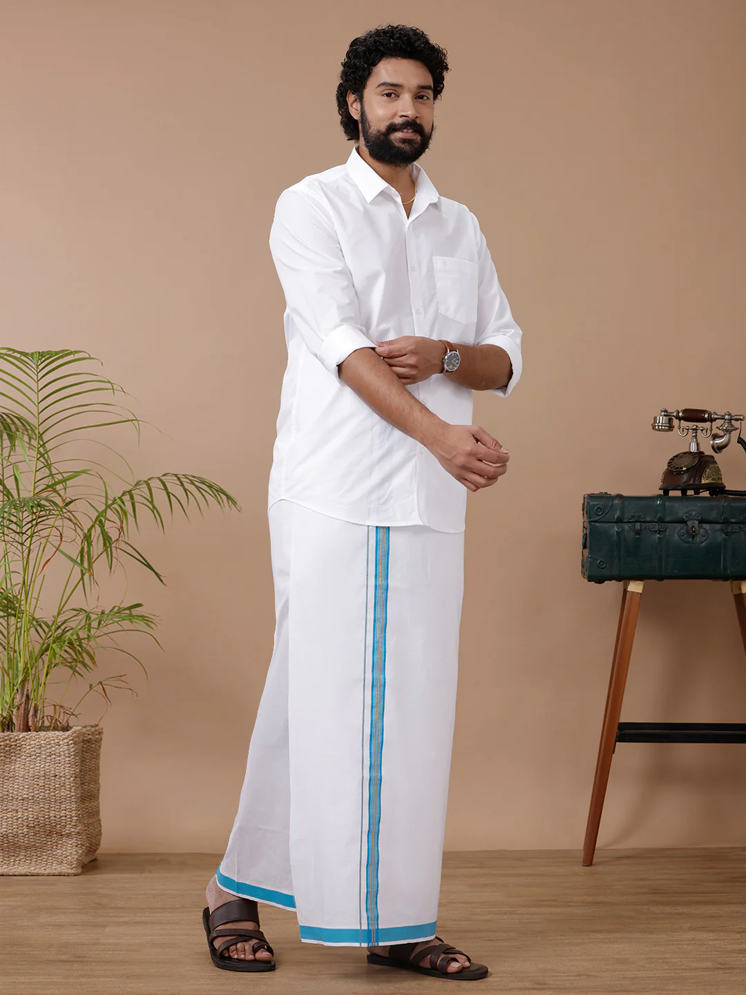 Men Cotton Blend Single Layer White Dhoti with Fancy Jari Border WGF06 - Image 6