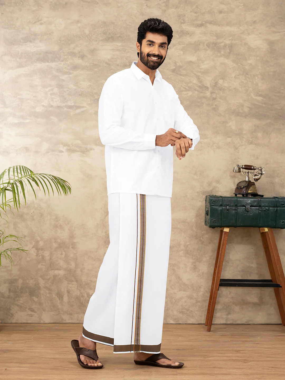 Men Cotton Blend Single Layer White Dhoti with Fancy Jari Border WGF08 - Image 2