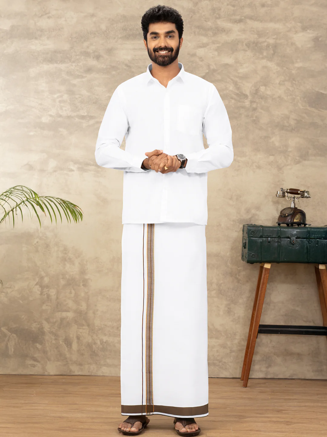 Men Cotton Blend Single Layer White Dhoti with Fancy Jari Border WGF08 - Image 3