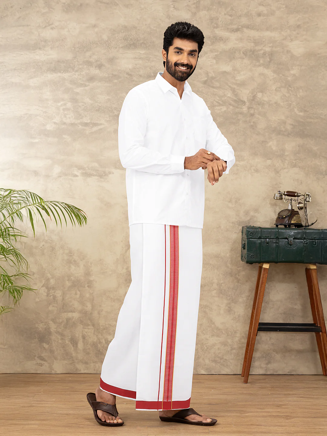 Men Cotton Blend Single Layer White Dhoti with Fancy Jari Border WGF09 - Image 2