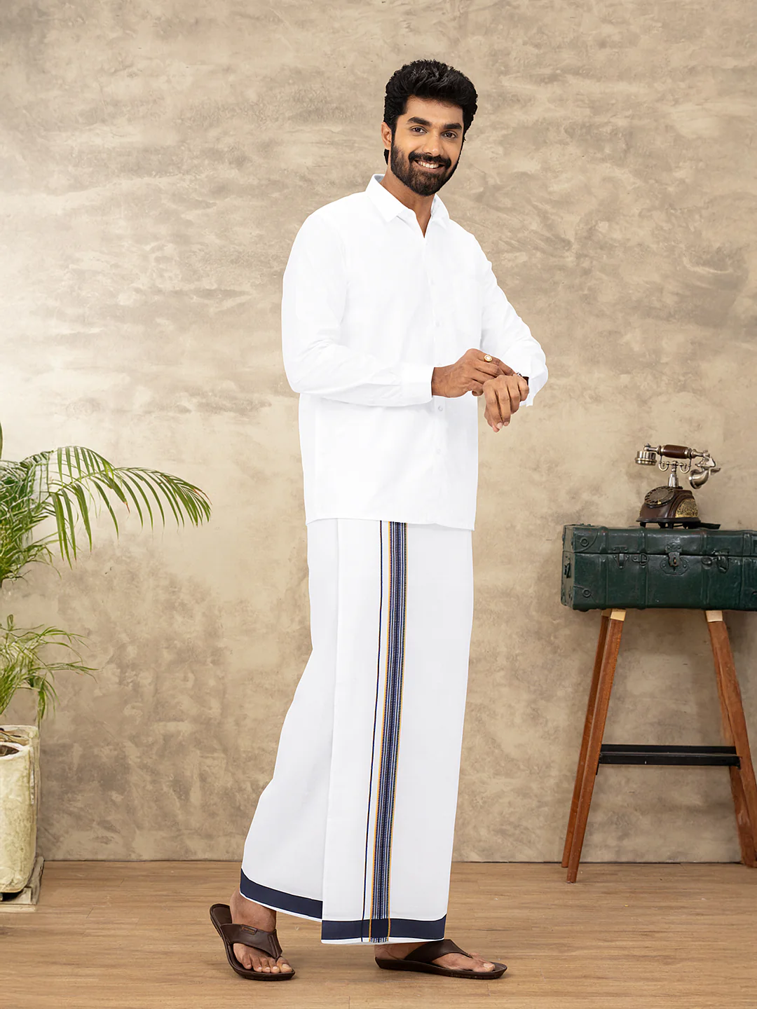Men Cotton Blend Single Layer White Dhoti with Fancy Jari Border WGF10 - Image 2