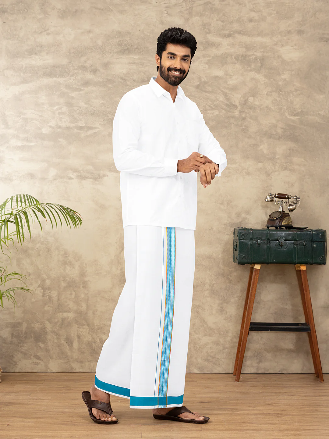 Men Cotton Blend Single Layer White Dhoti with Fancy Jari Border WGF12 - Image 2