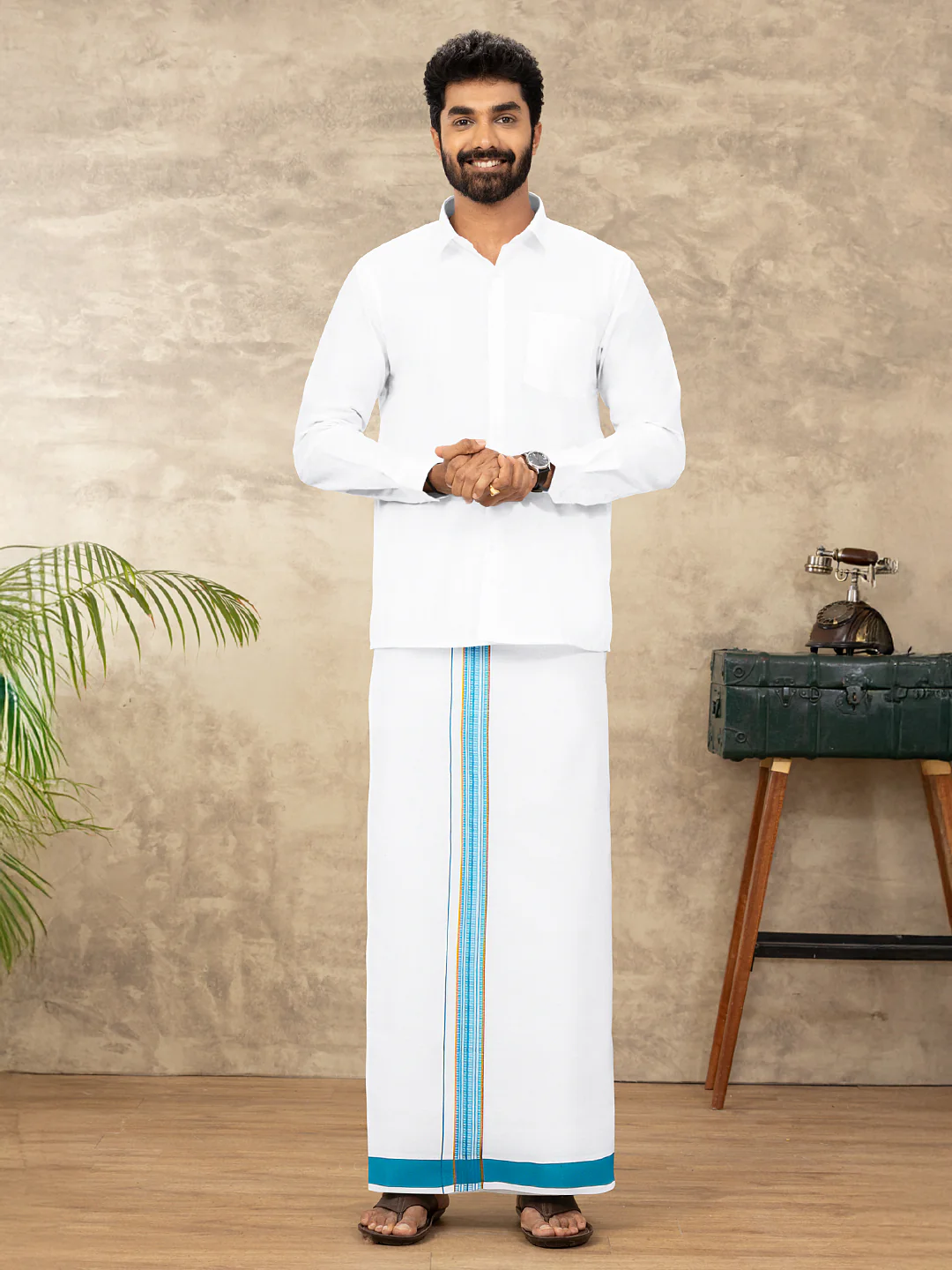 Men Cotton Blend Single Layer White Dhoti with Fancy Jari Border WGF12 - Image 3