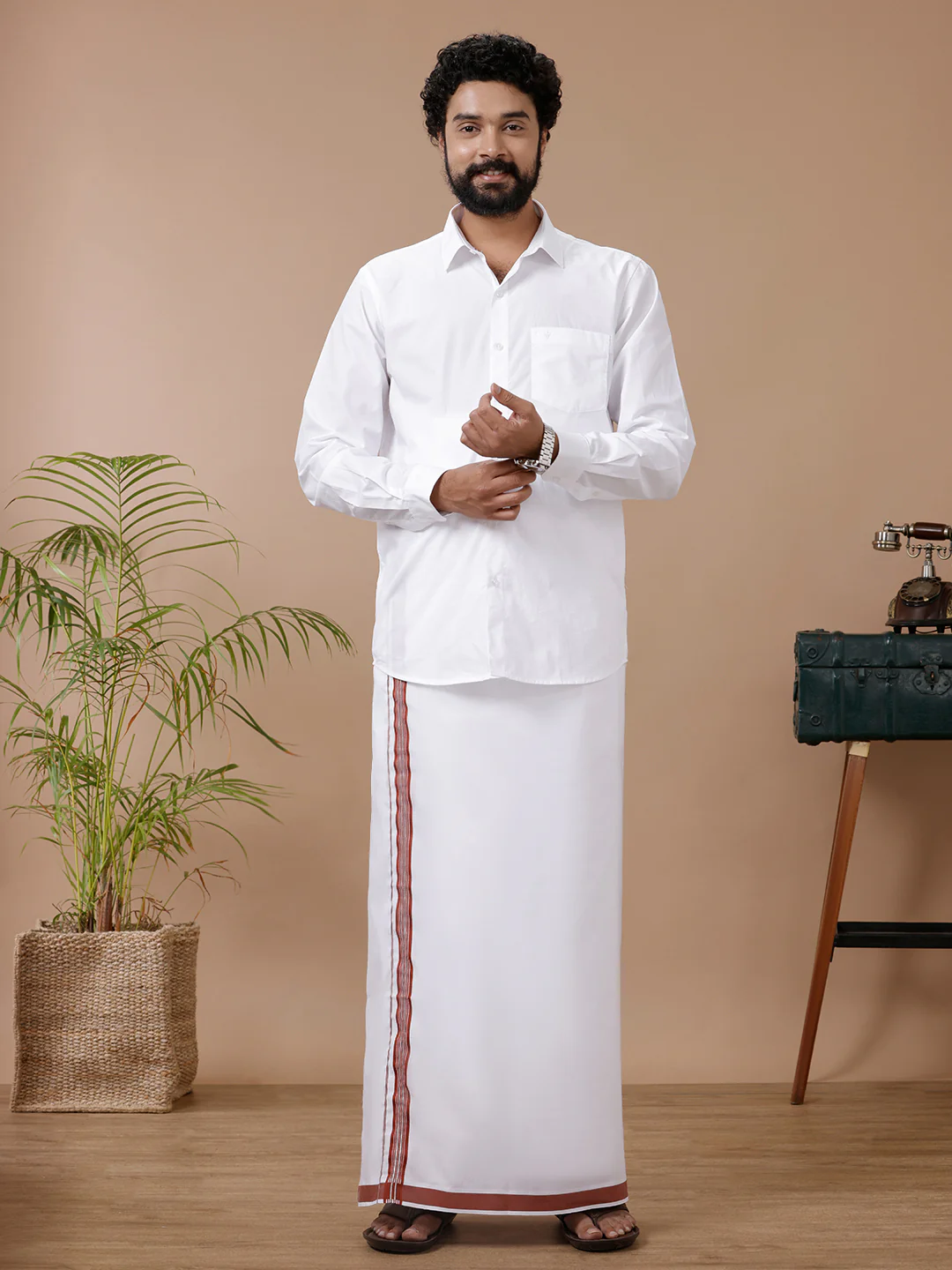 Men Cotton Blend Single Layer White Dhoti with Fancy Jari Border WSF04 - Image 5