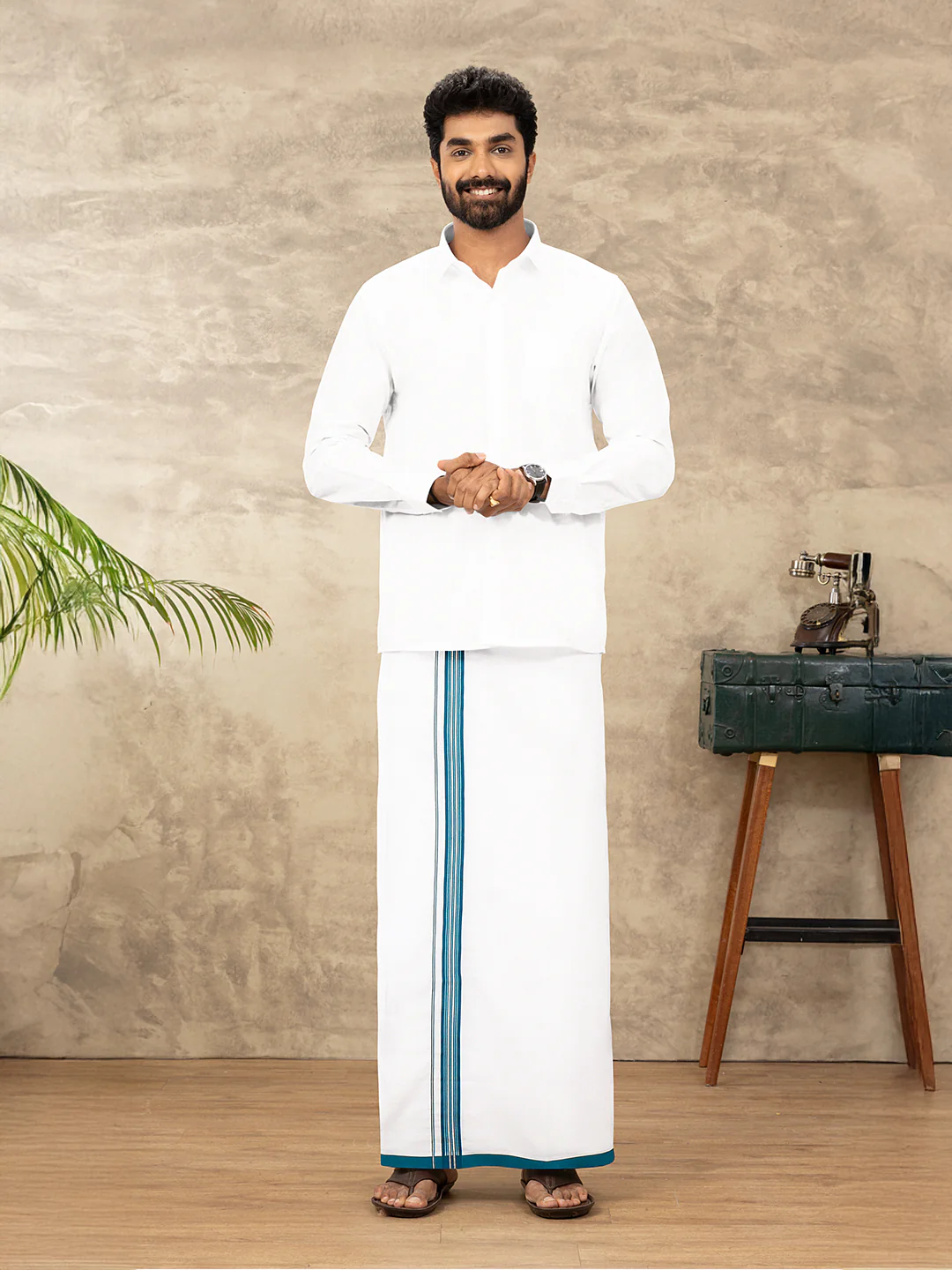 Men Cotton Blend Single Layer White Dhoti with Fancy Jari Border WSF06 - Image 2