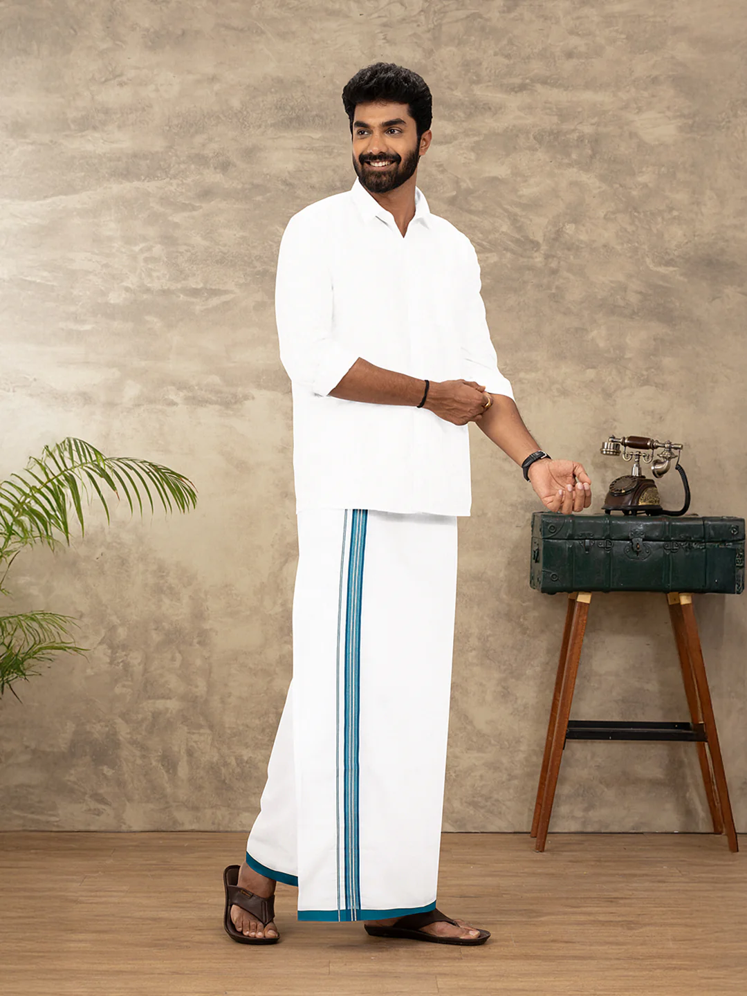 Men Cotton Blend Single Layer White Dhoti with Fancy Jari Border WSF06 - Image 5