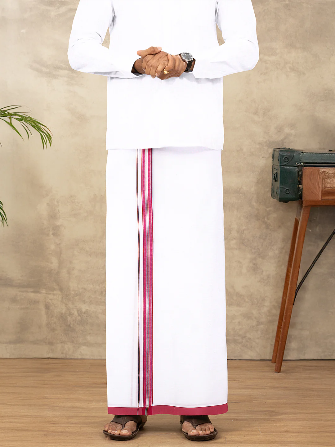 Men Cotton Blend Single Layer White Dhoti with Fancy Jari Border WSF07