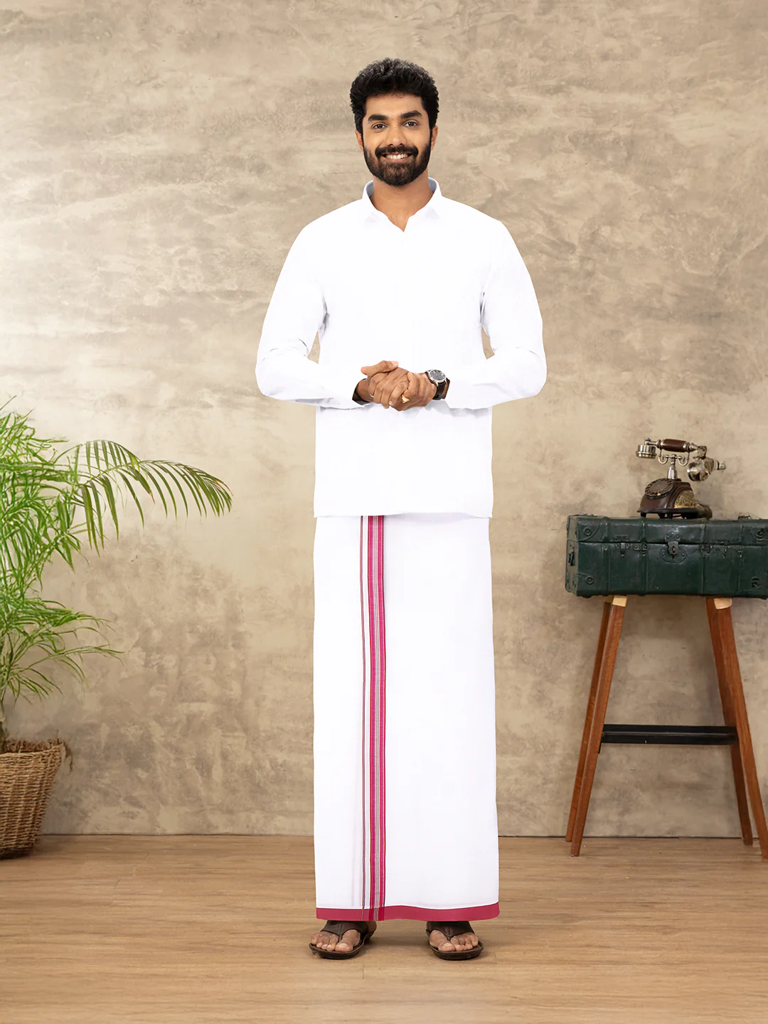 Men Cotton Blend Single Layer White Dhoti with Fancy Jari Border WSF07 - Image 2