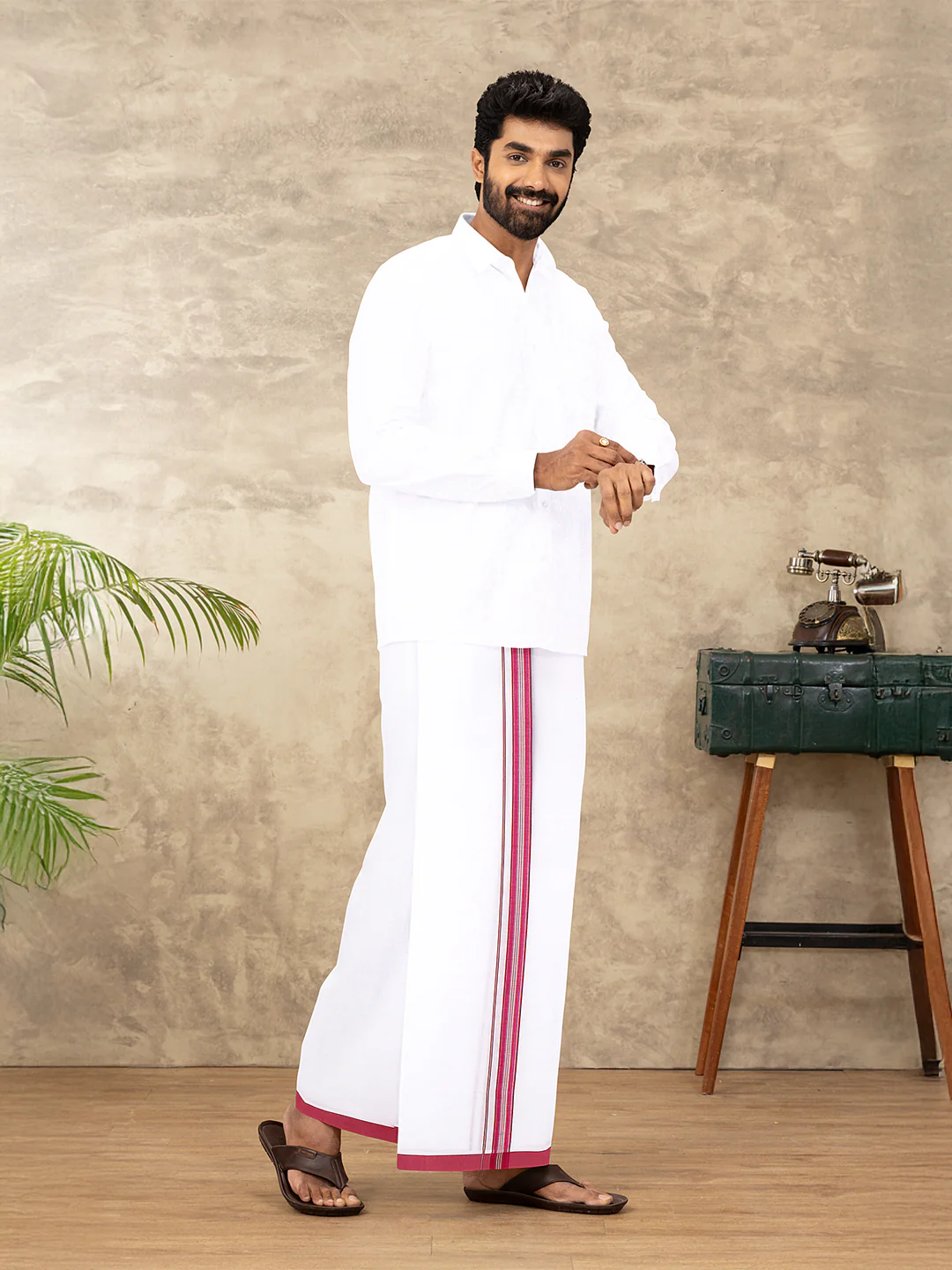 Men Cotton Blend Single Layer White Dhoti with Fancy Jari Border WSF07 - Image 3