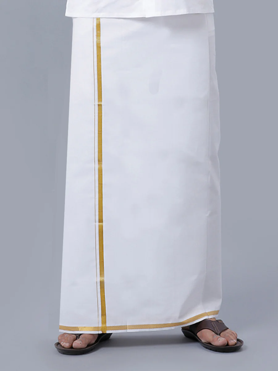 Men Cotton Blend Single Layer White Dhoti with Gold Jari Border Silver Sun