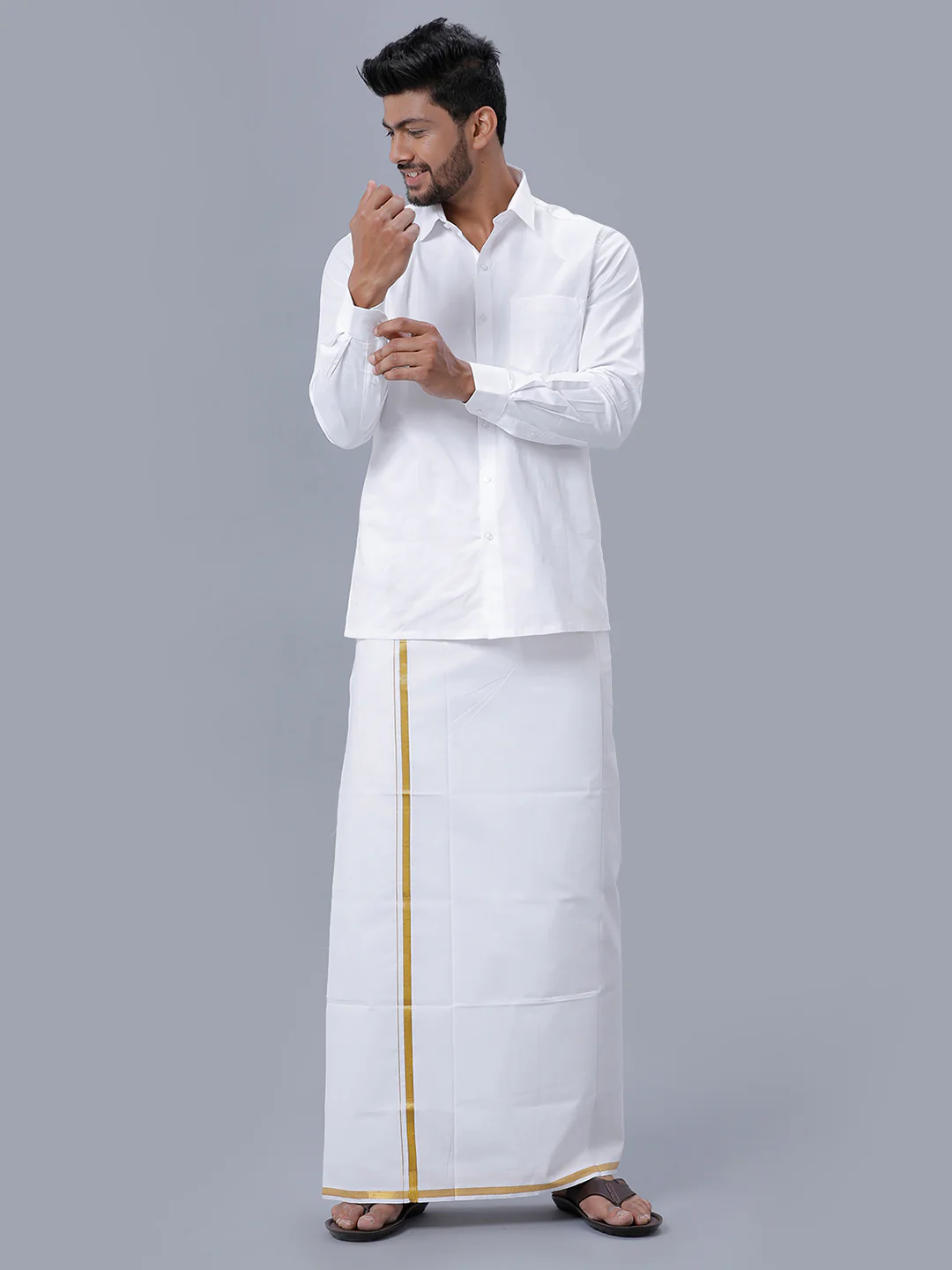 Men Cotton Blend Single Layer White Dhoti with Gold Jari Border Silver Sun - Image 5
