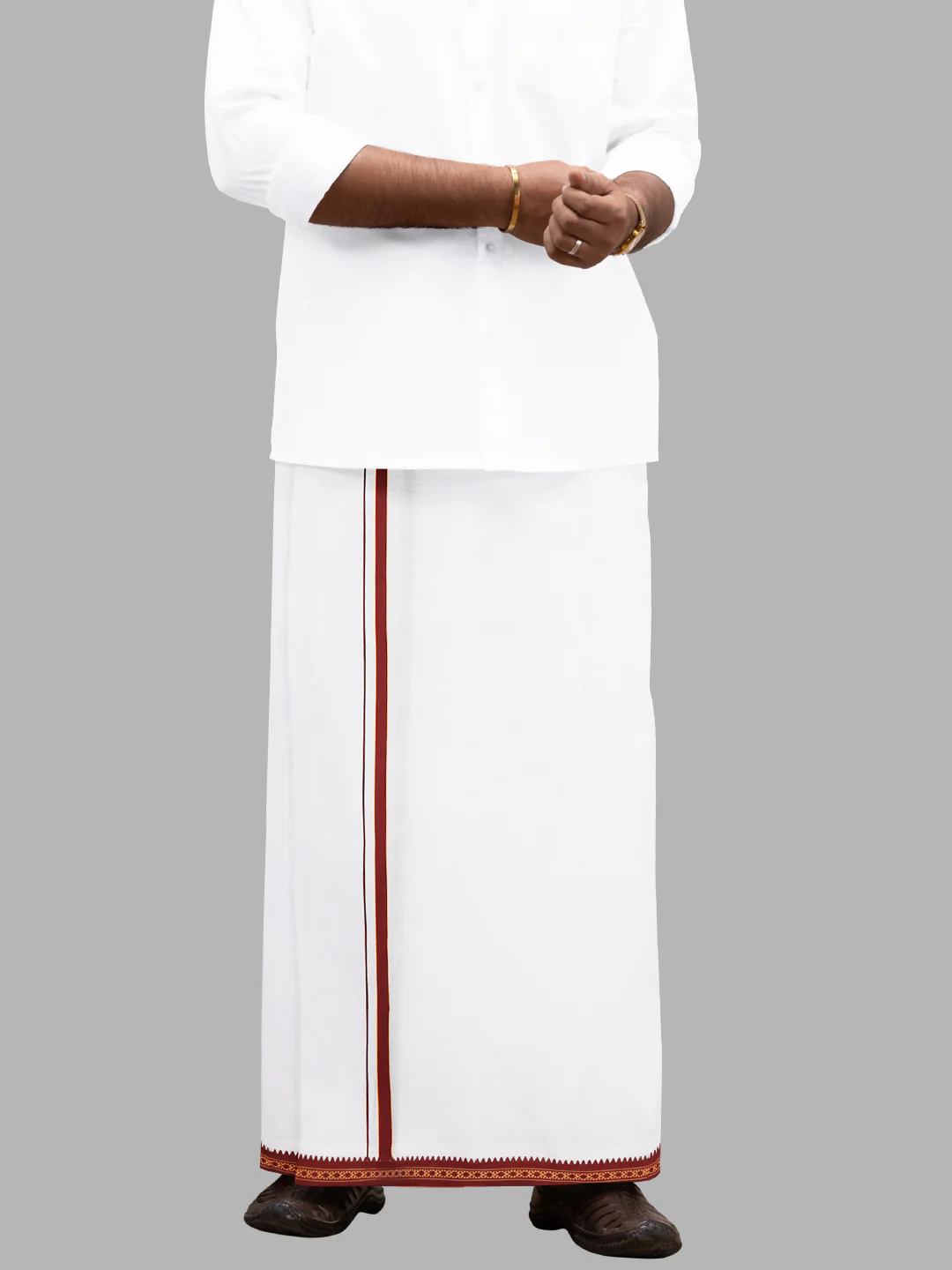 Men Cotton Blend Single Layer White Dhoti with Mayilkhan Border