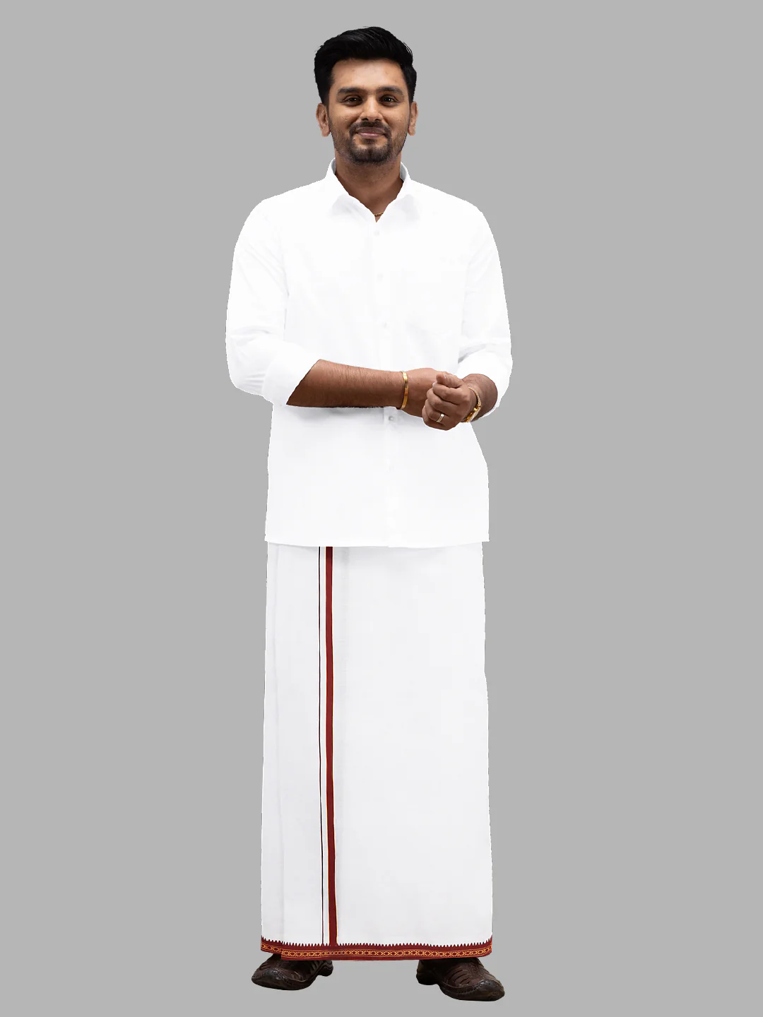 Men Cotton Blend Single Layer White Dhoti with Mayilkhan Border - Image 2