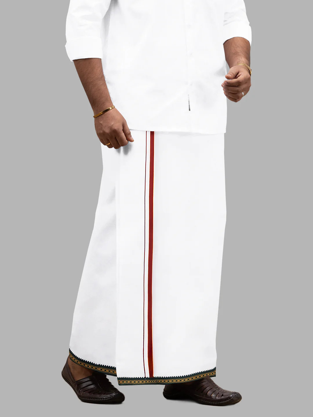 Men Cotton Blend Single Layer White Dhoti with Mayilkhan Border - Image 3