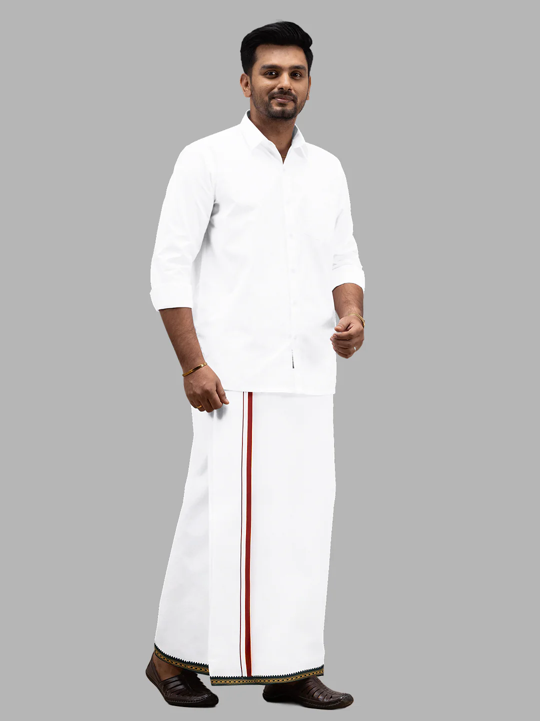 Men Cotton Blend Single Layer White Dhoti with Mayilkhan Border - Image 6