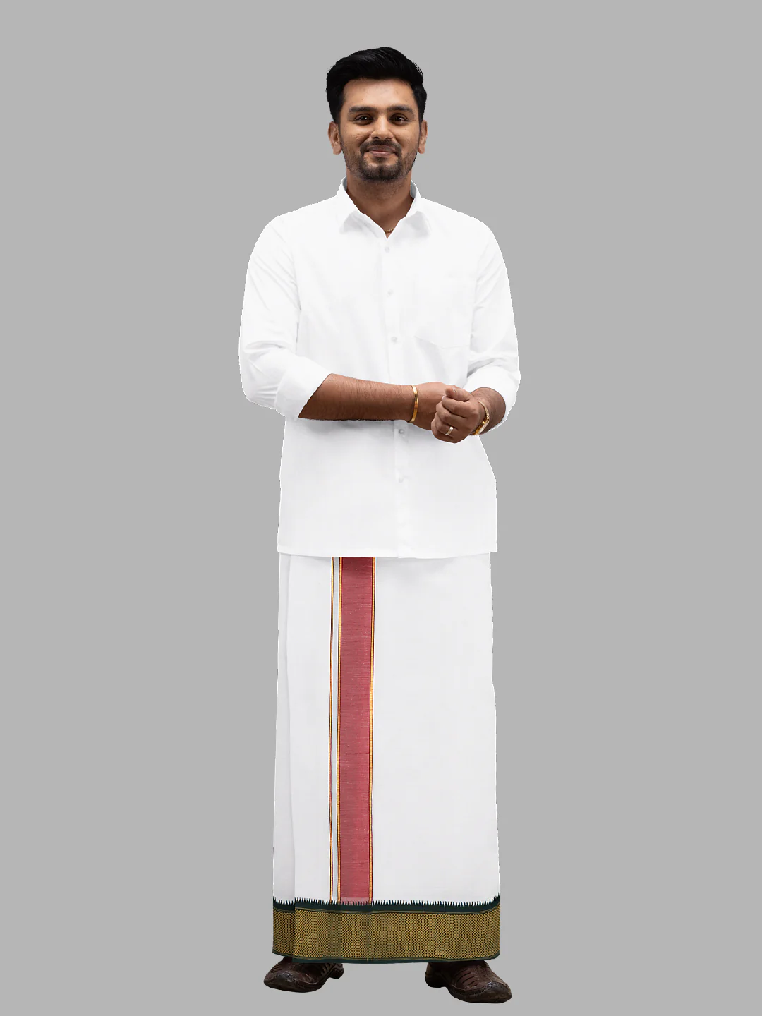 Men Cotton Blend Single Layer White Dhoti with Mayilkhan Border Kalki(4 Way Dhoti) - Image 2