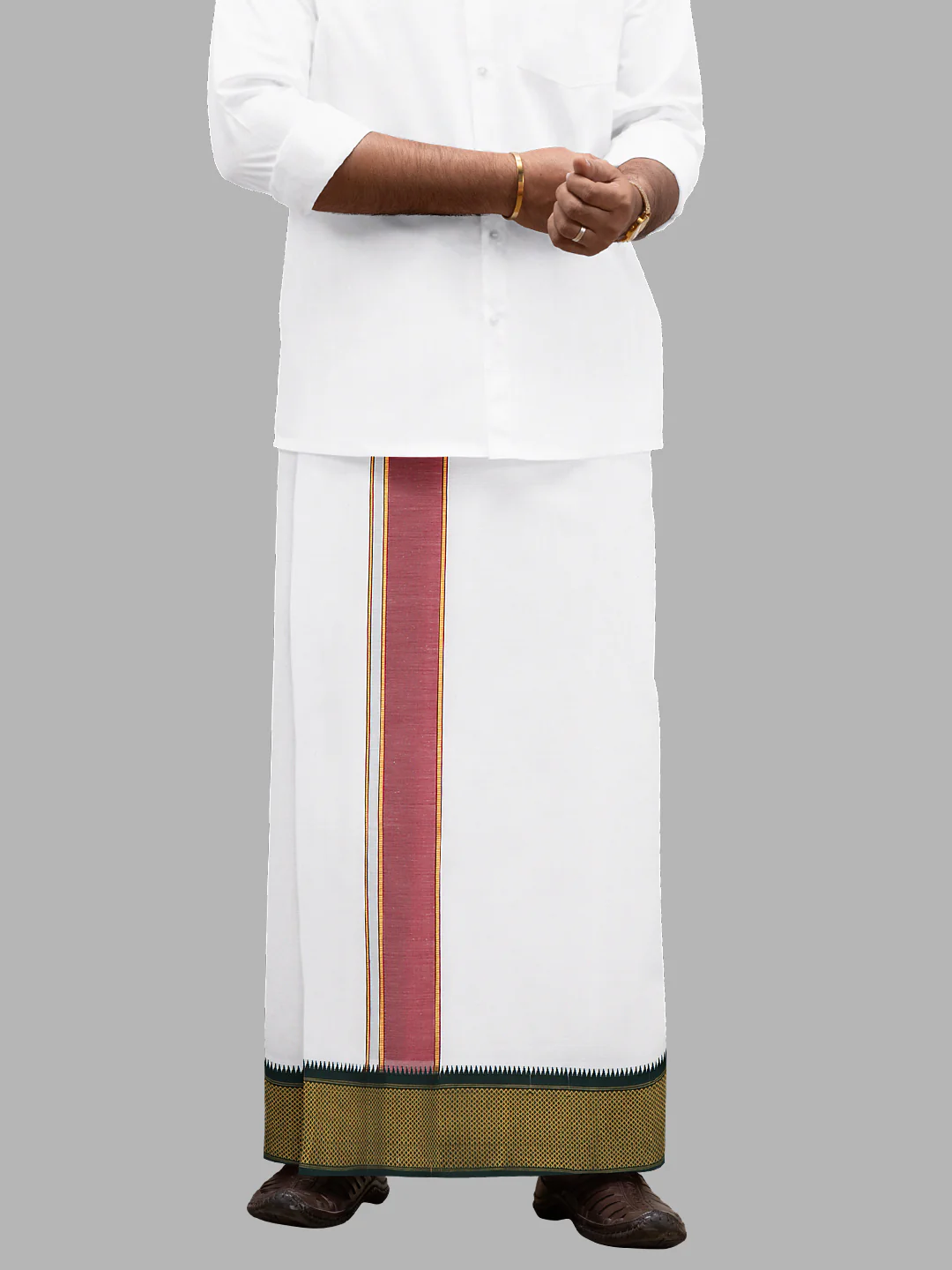 Men Cotton Blend Single Layer White Dhoti with Mayilkhan Border Kalki(4 Way Dhoti) - Image 8