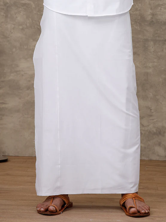 Men Cotton Blend Single Layer White Dhoti with Small Border Golden Care Paramas
