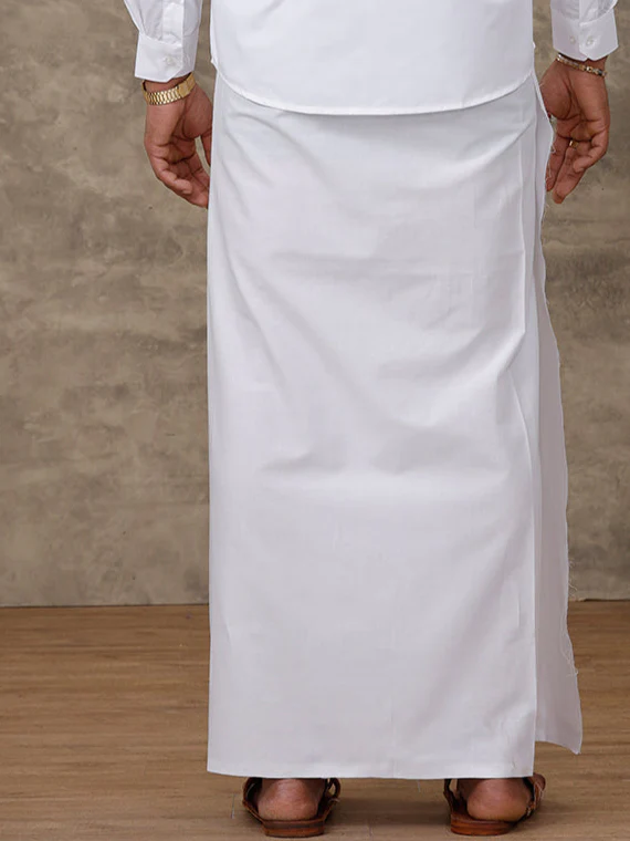Men Cotton Blend Single Layer White Dhoti with Small Border Golden Care Paramas - Image 3