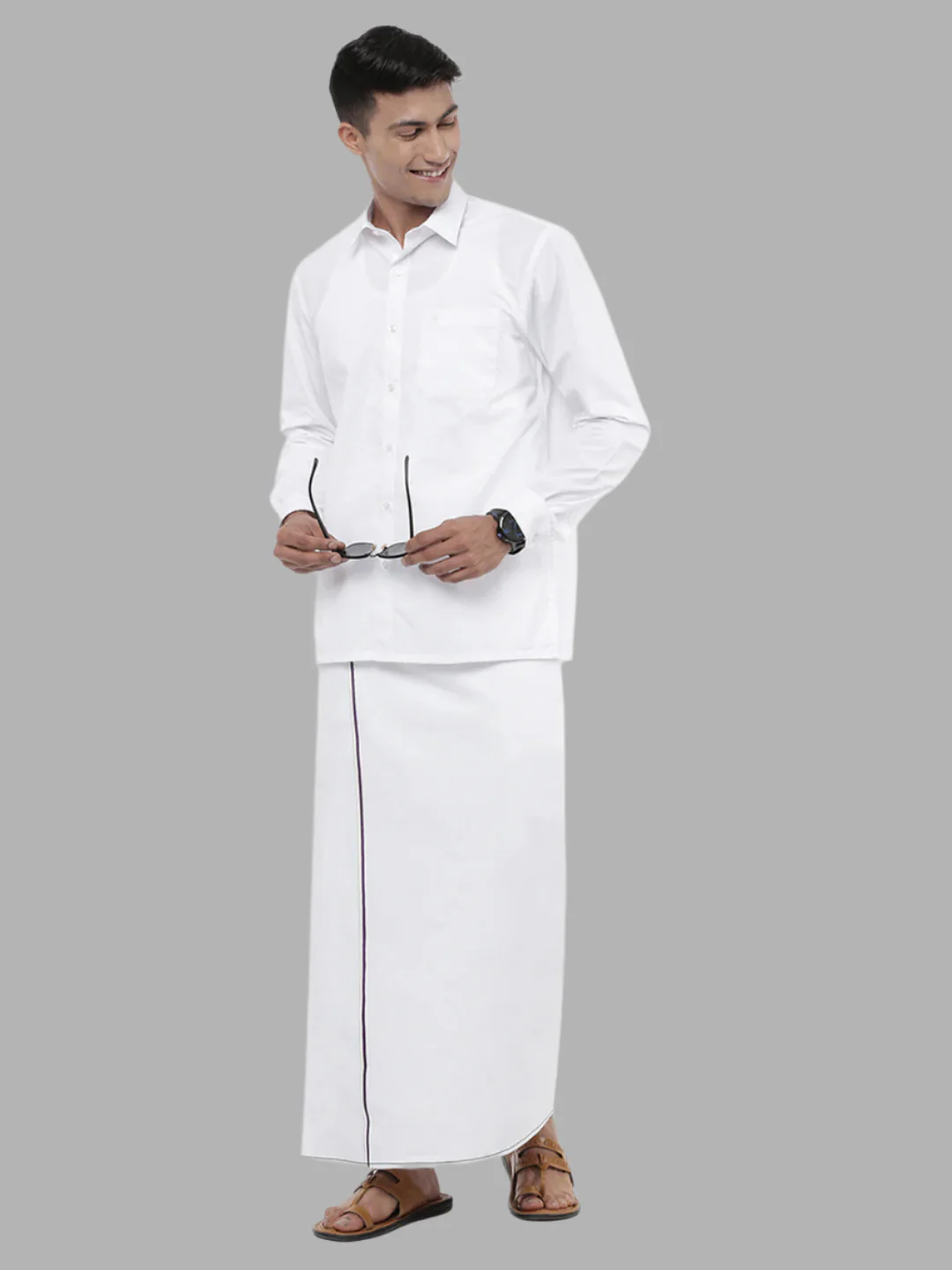 Men Cotton Blend Single Layer White Dhoti with Small Border Lee Sort - Image 2