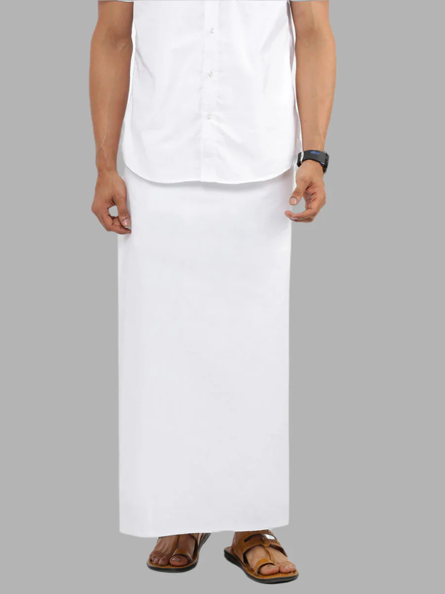 Men Cotton Blend Single Layer White Dhoti with Small Border Nanda Paramas