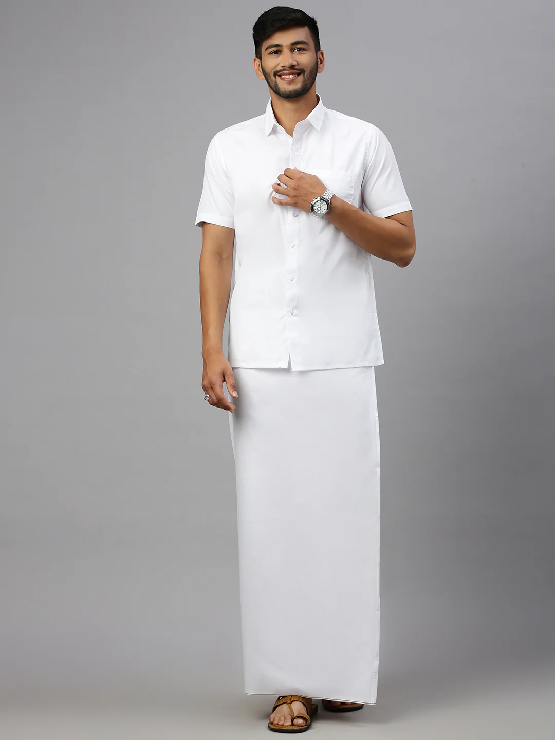 Men Cotton Blend Single Layer White Dhoti with Small Border Paramas (Pack of 3) - Image 2