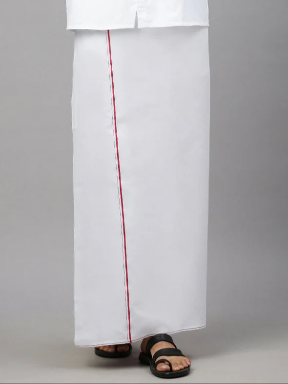 Men Cotton Blend Single Layer White Dhoti with Small Border Rajaram