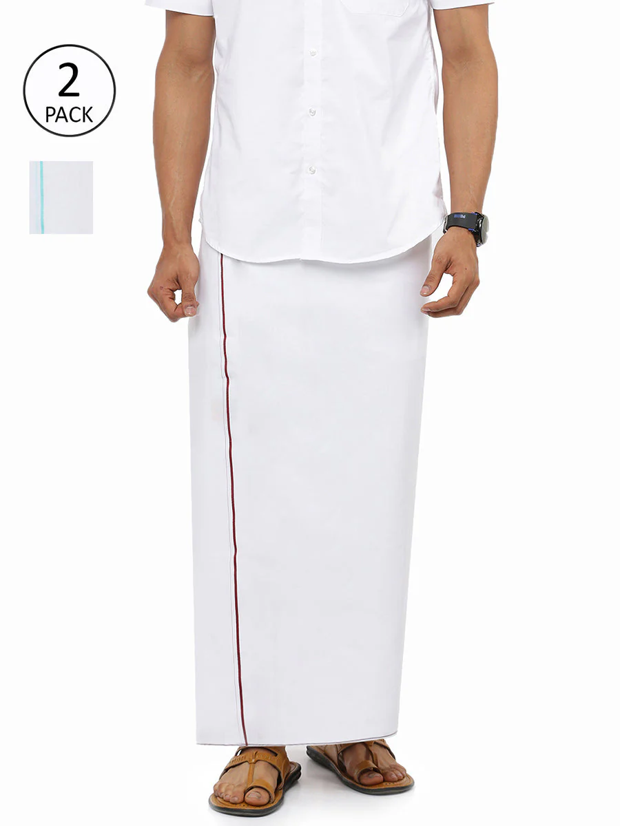 Men Cotton Blend Single Layer White Dhoti with Small Border Rajaram (Pack of 2)