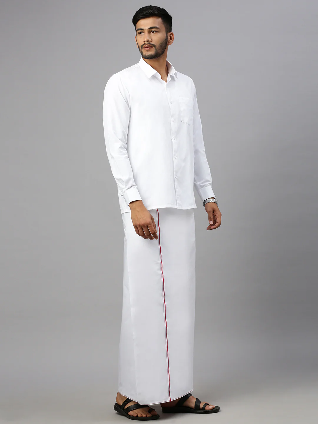 Men Cotton Blend Single Layer White Dhoti with Small Border Revolt - Image 3