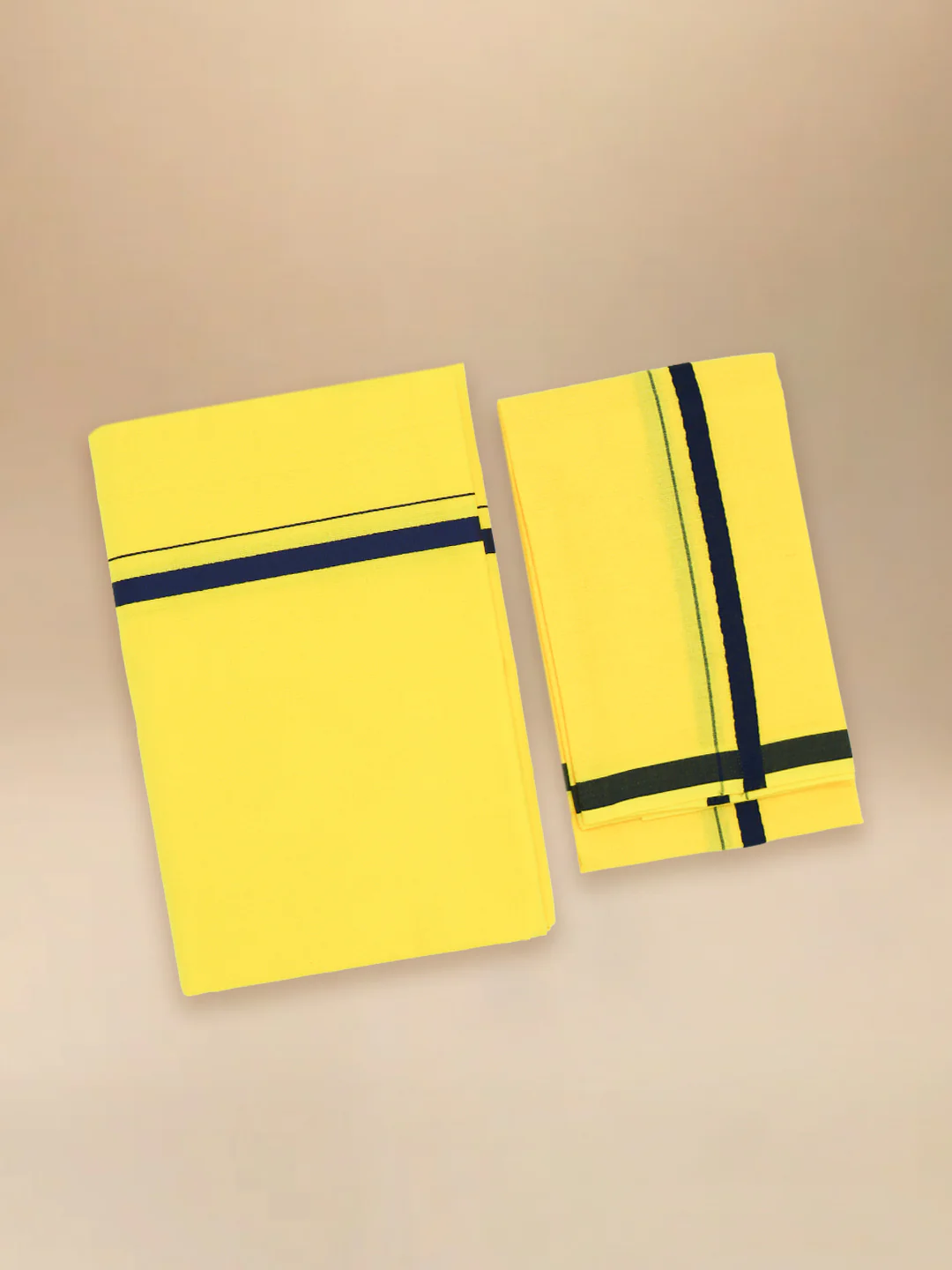 Men Cotton Blend Single Layer Yellow Dhoti & Towel Set with Assorted Border Poojan