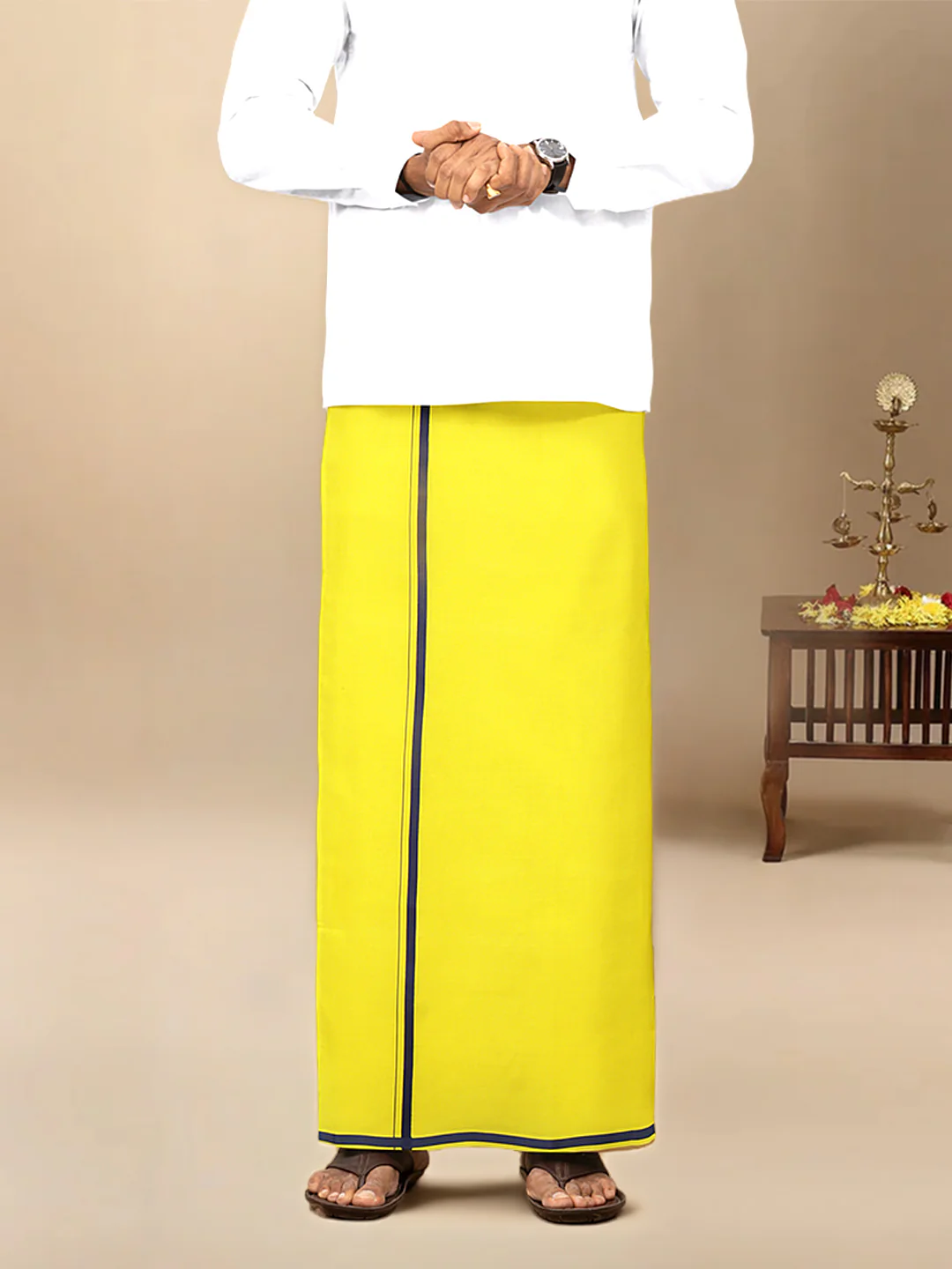 Men Cotton Blend Single Layer Yellow Dhoti & Towel Set with Assorted Border Poojan - Image 2