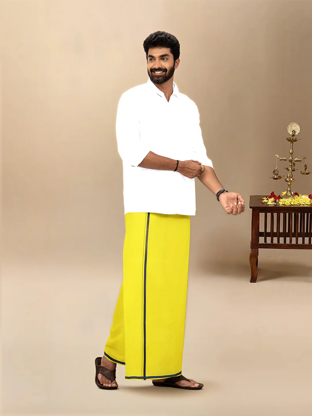 Men Cotton Blend Single Layer Yellow Dhoti & Towel Set with Assorted Border Poojan - Image 3
