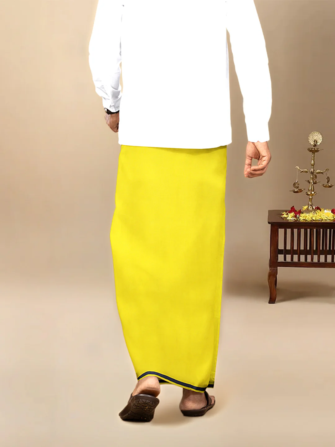 Men Cotton Blend Single Layer Yellow Dhoti & Towel Set with Assorted Border Poojan - Image 4