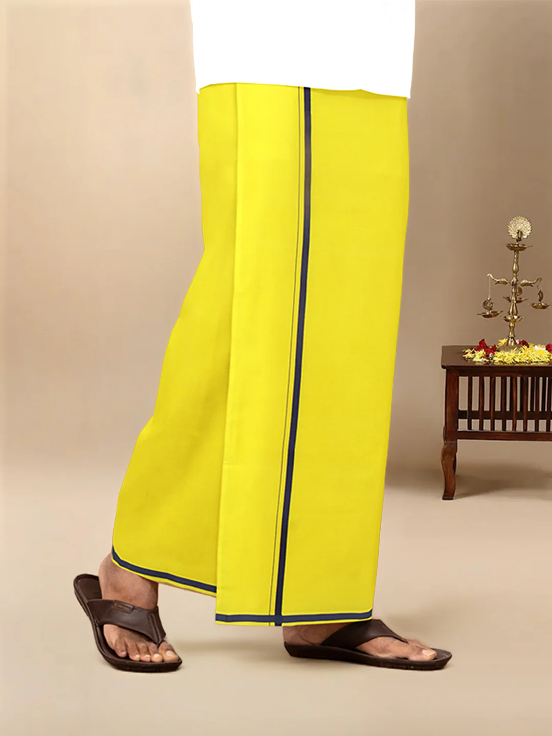 Men Cotton Blend Single Layer Yellow Dhoti & Towel Set with Assorted Border Poojan - Image 5