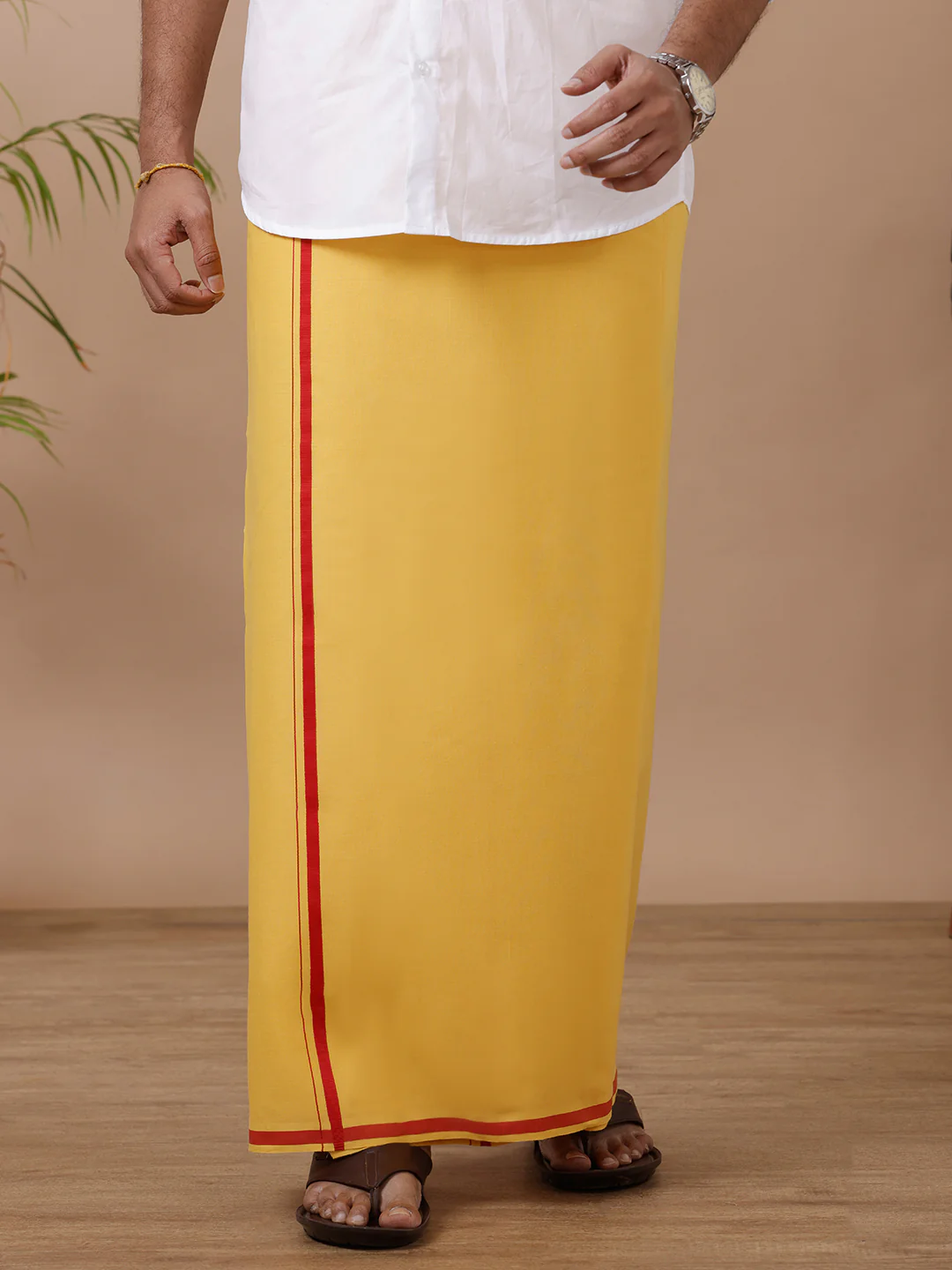 Men Cotton Blend Single Layer Yellow Dhoti with Assorted Big Border Rishi BB2