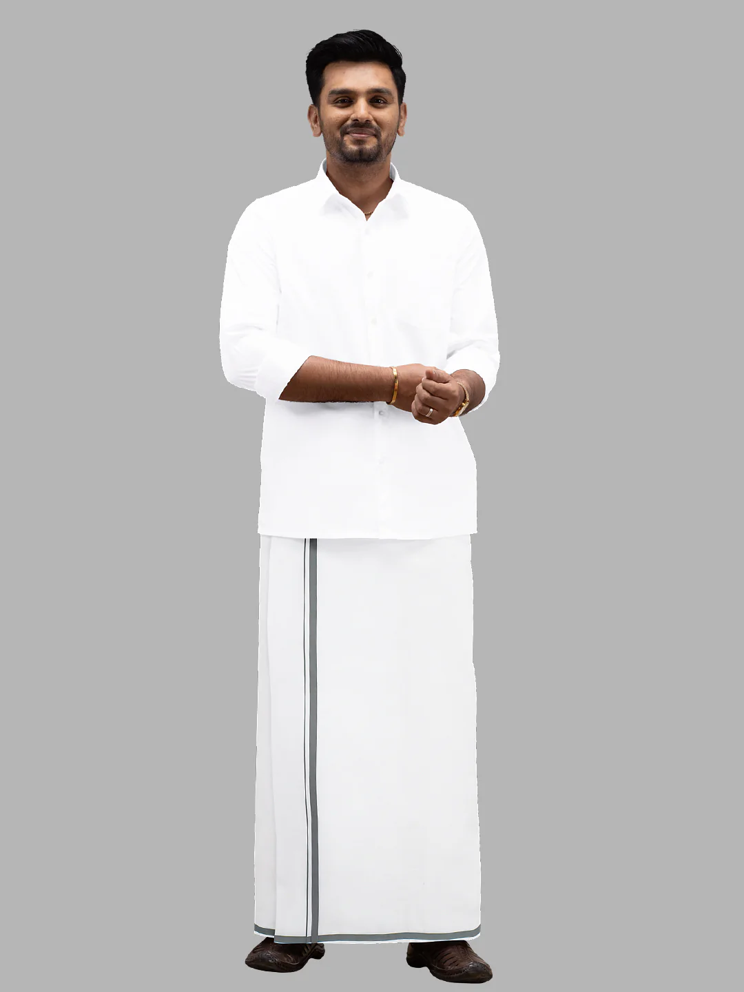 Men Cotton Blend White Dhoti with Assorted Border 8M - Image 3