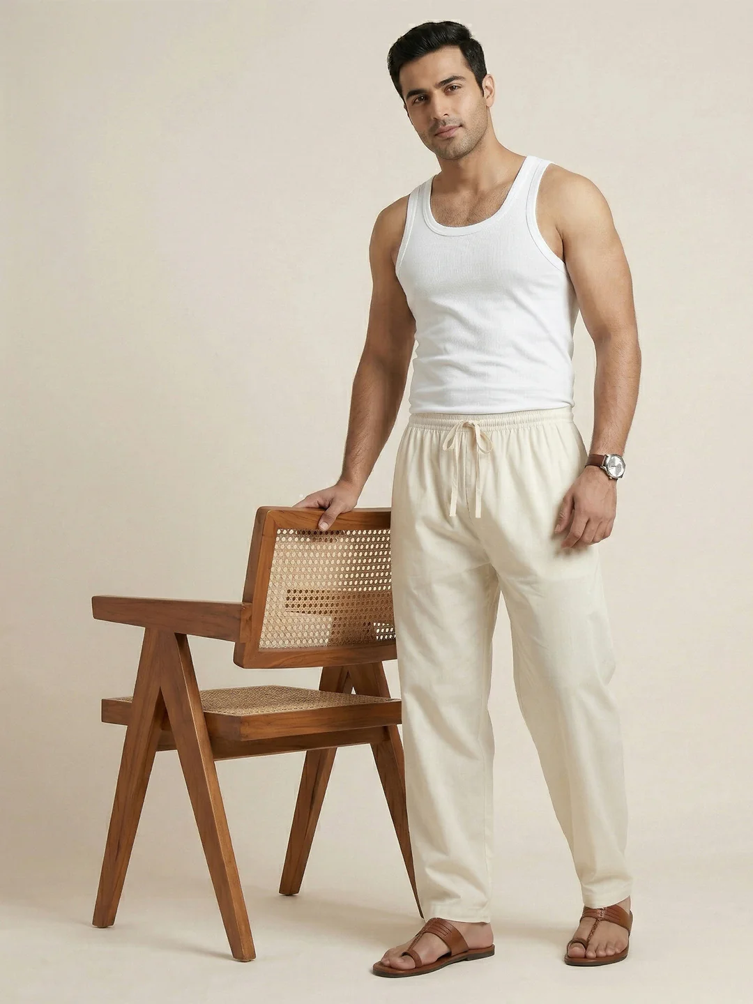 Men Cotton Cream Kurta Pant - Image 2