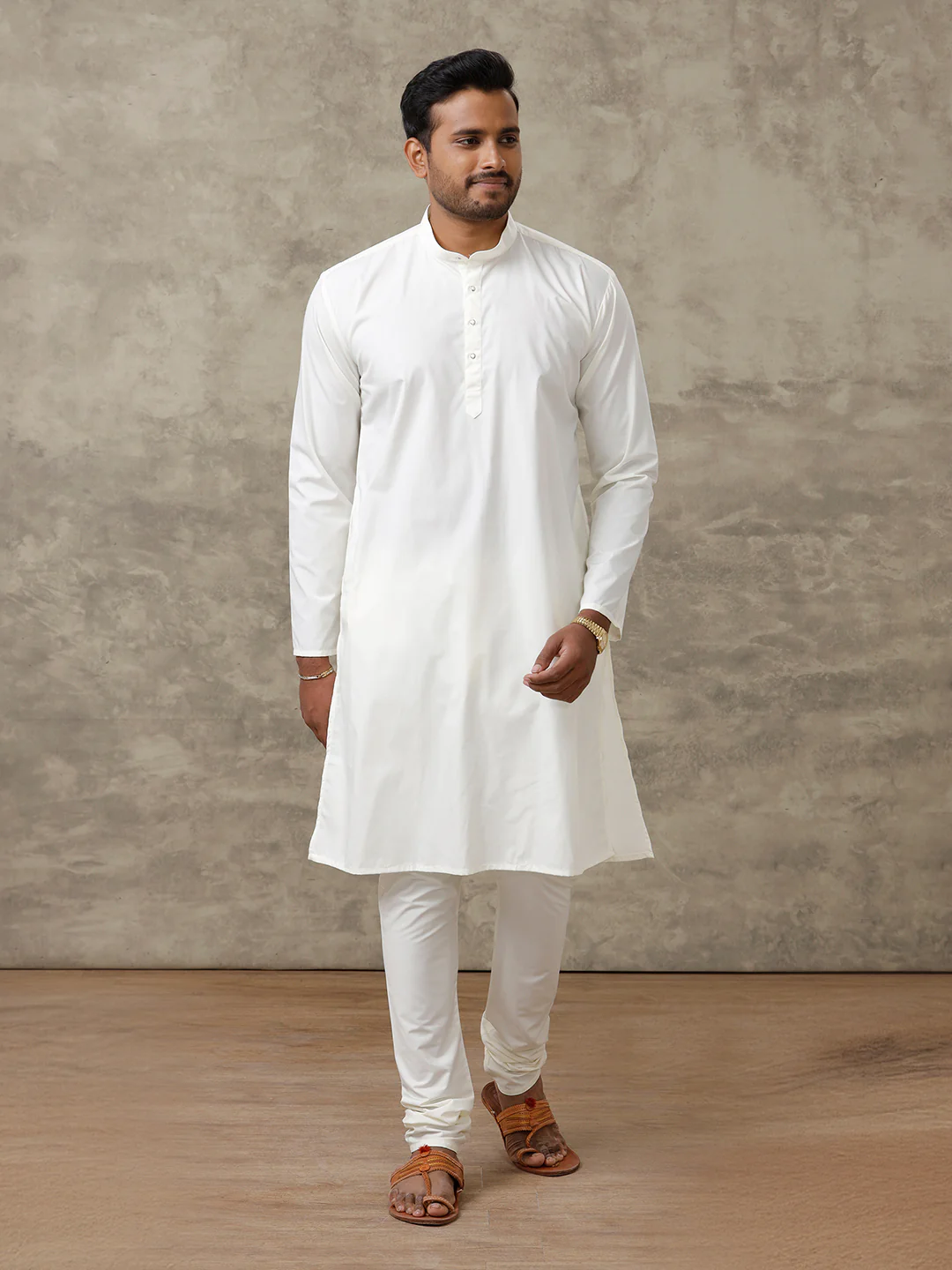 Men Cotton Full Length Cream Kurta and Pyjama Set