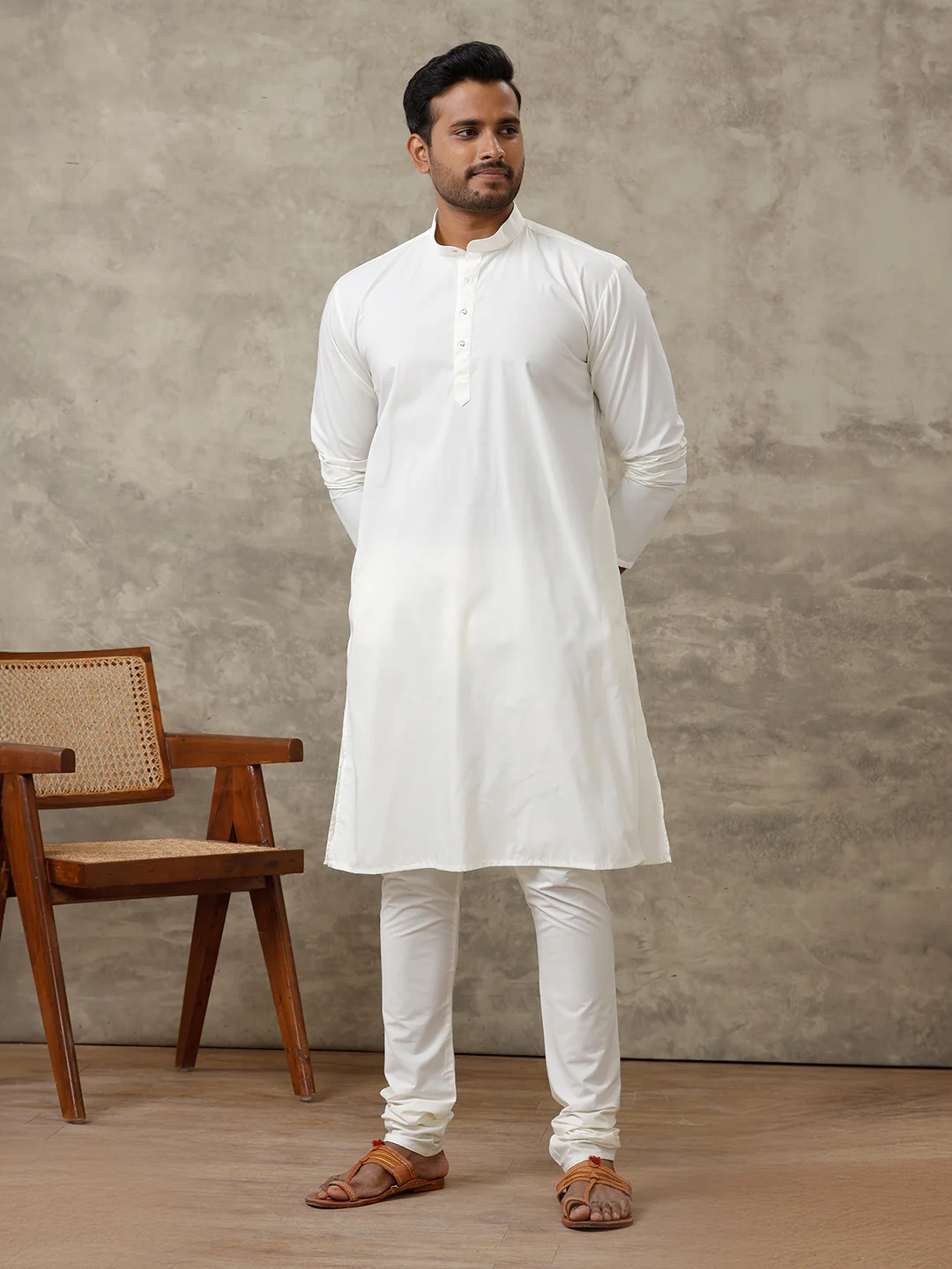 Men Cotton Full Length Cream Kurta and Pyjama Set - Image 5