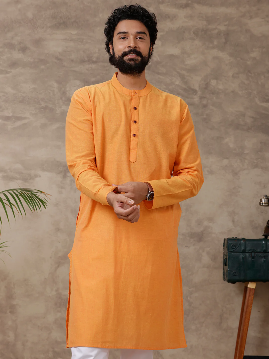 Men Cotton Full Length Plain Pocket Kurta Orange Y13 - Image 2
