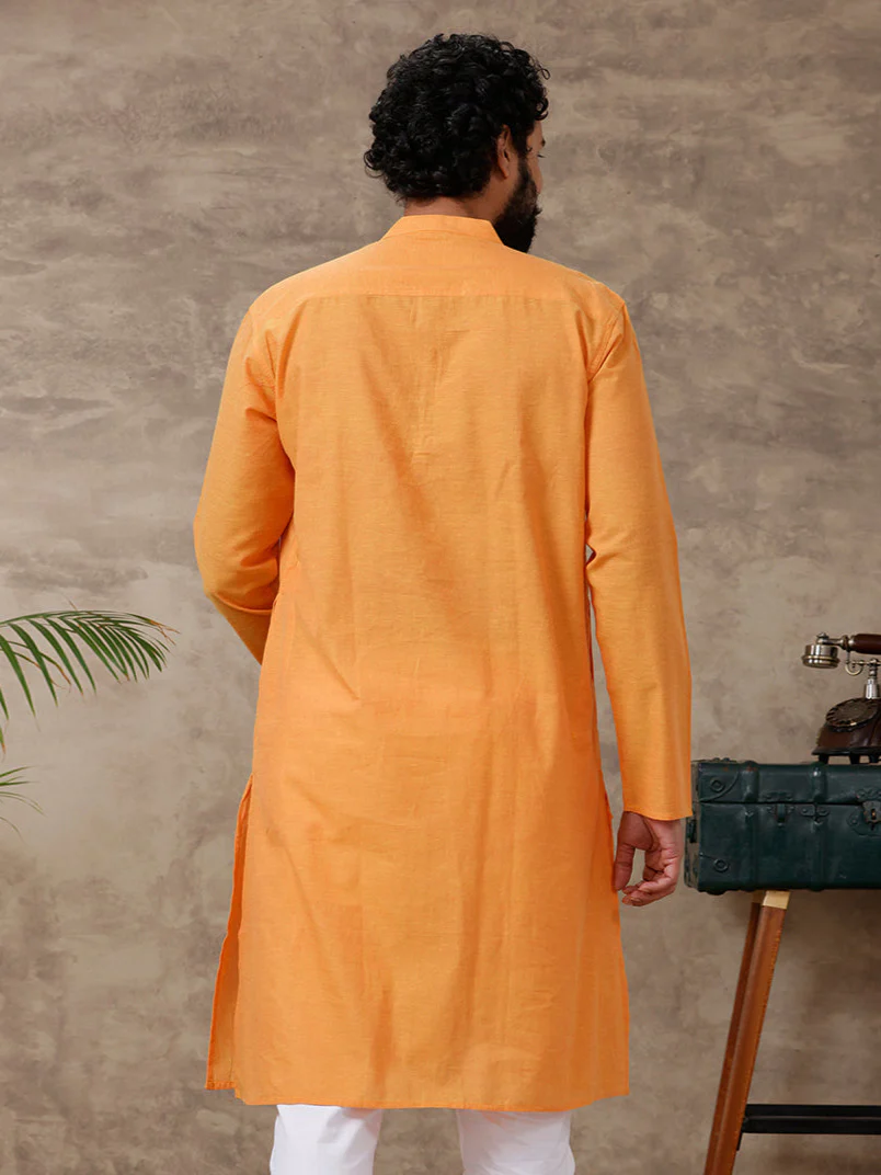Men Cotton Full Length Plain Pocket Kurta Orange Y13 - Image 4