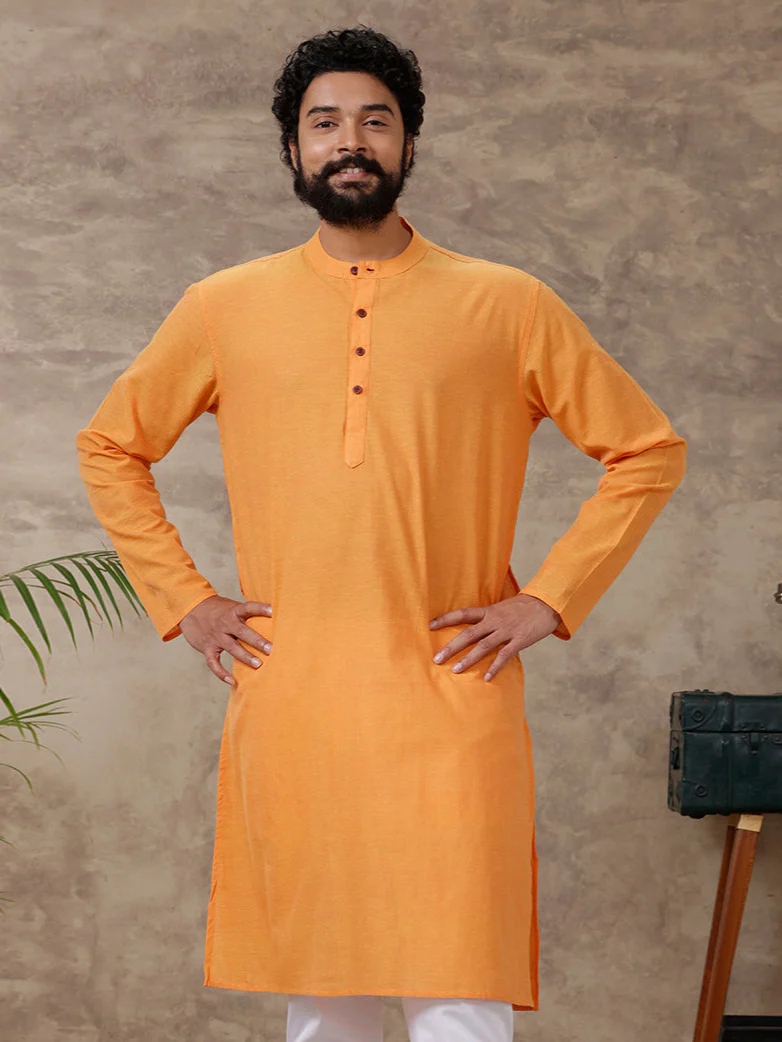 Men Cotton Full Length Plain Pocket Kurta Orange Y13 - Image 5