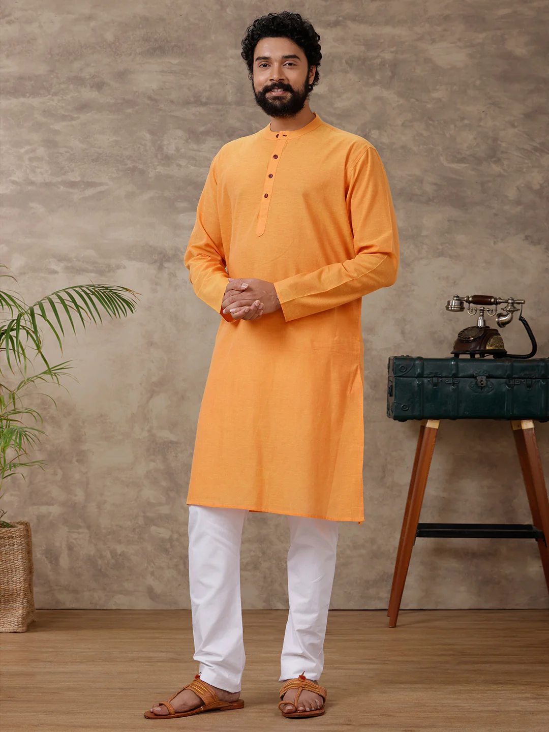Men Cotton Full Length Plain Pocket Kurta Orange Y13 - Image 6