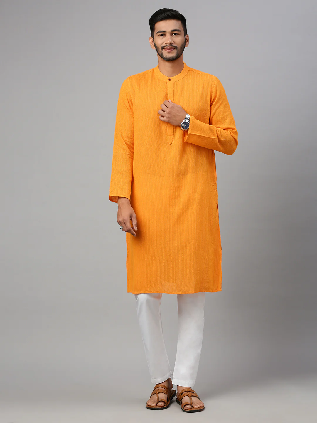 Men Cotton Full Length Self Design Pocket Kurta Orange Yellow M5 - Image 2