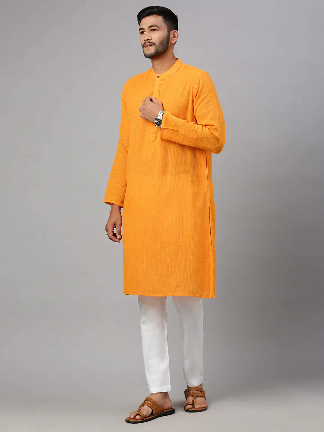 Men Cotton Full Length Self Design Pocket Kurta Orange Yellow M5 - Image 3