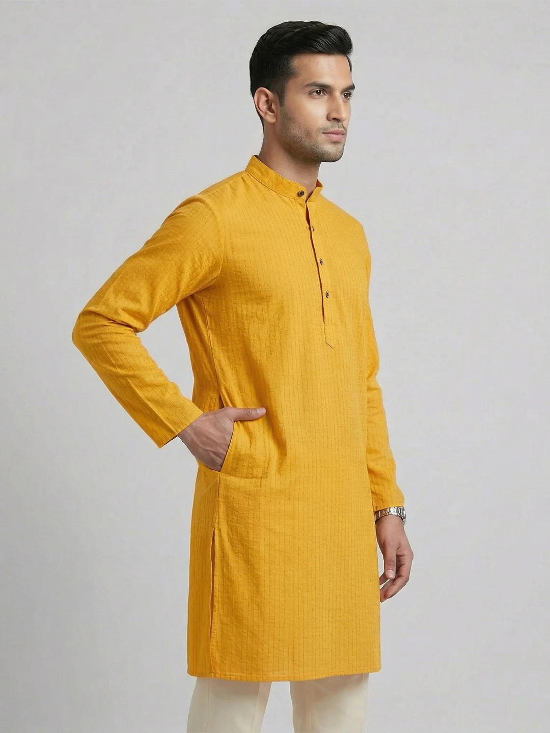 Men Cotton Full Length Self Design Pocket Kurta Orangy Yellow Y4 - Image 2