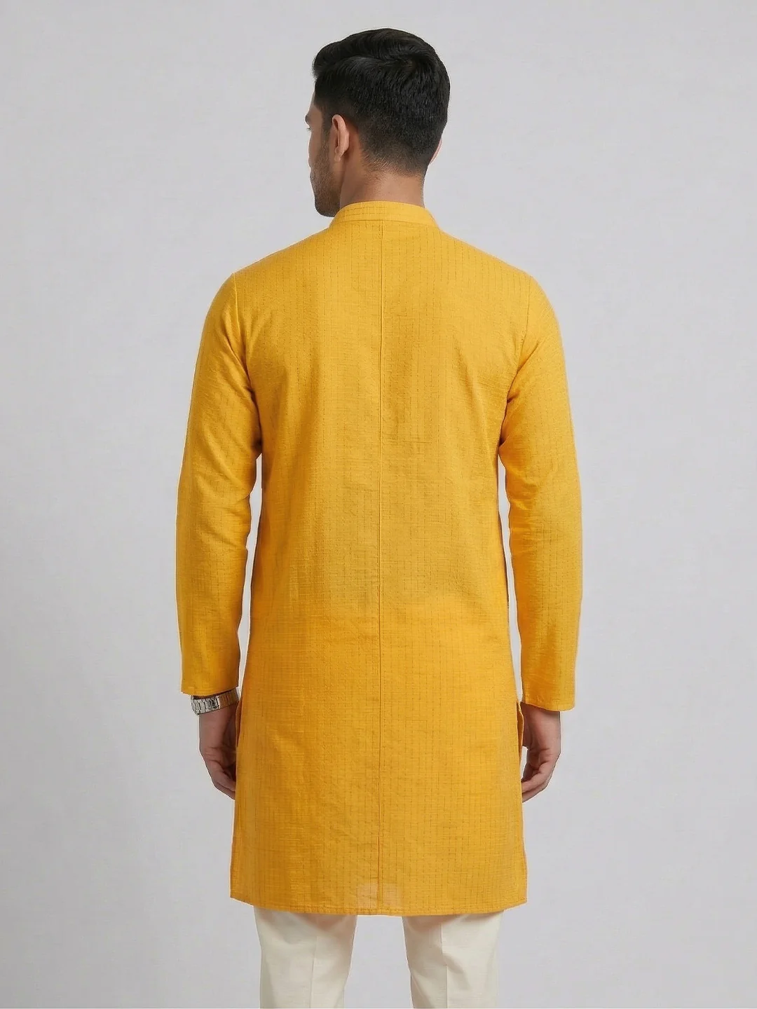 Men Cotton Full Length Self Design Pocket Kurta Orangy Yellow Y4 - Image 3