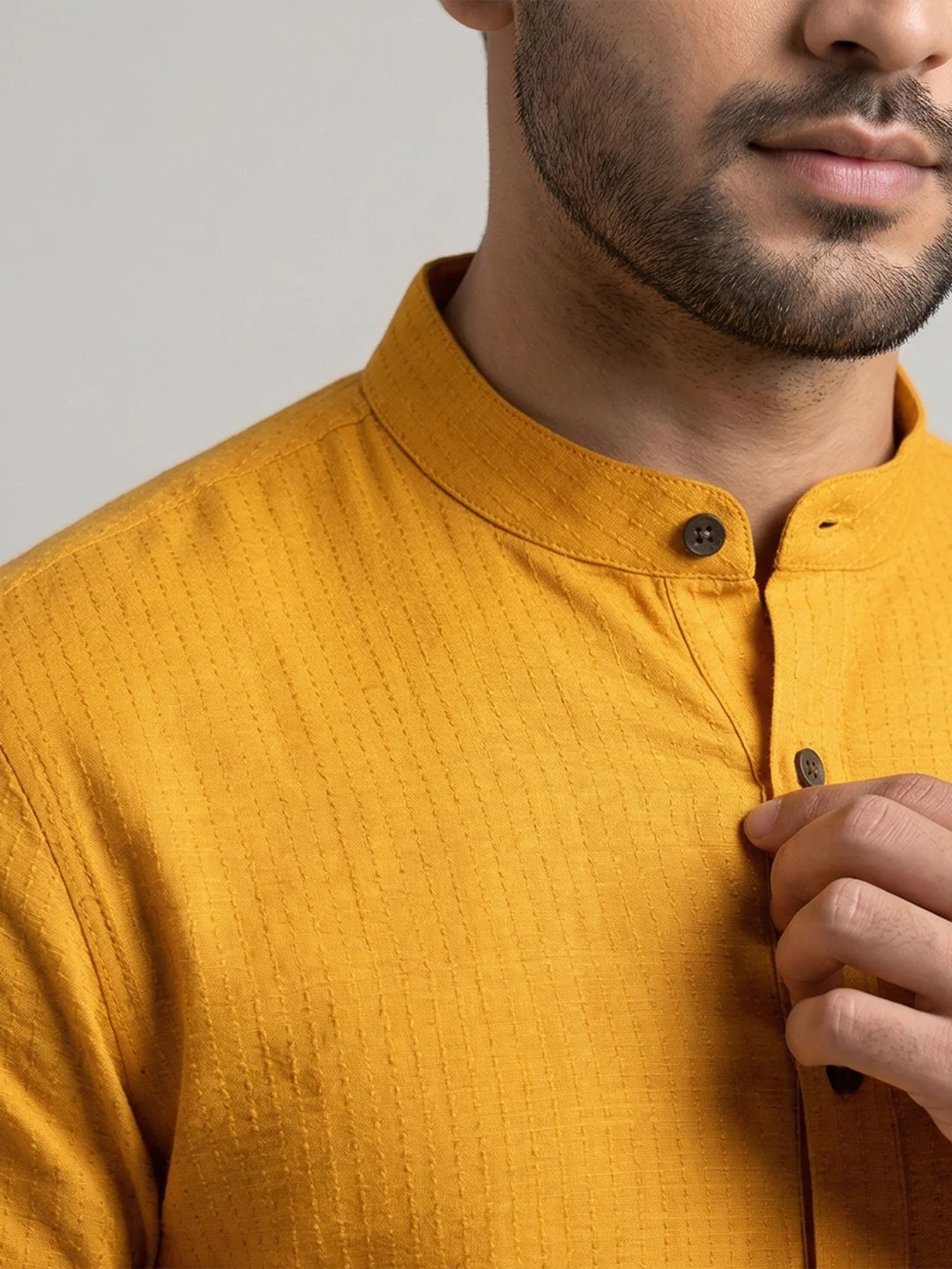 Men Cotton Full Length Self Design Pocket Kurta Orangy Yellow Y4 - Image 4